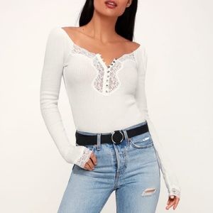 Free People White Lace-Trim Ribbed Henley Top